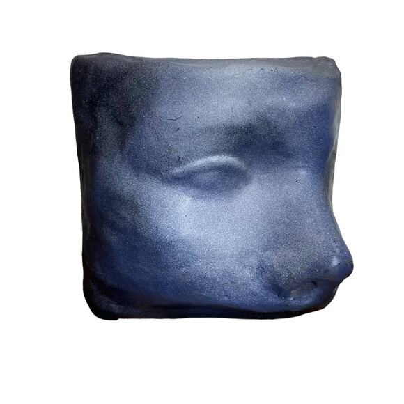 Sean Corner 3D Face Sculpture Clay Wall Art 2008 Signed Blue Gray 3.5" Square